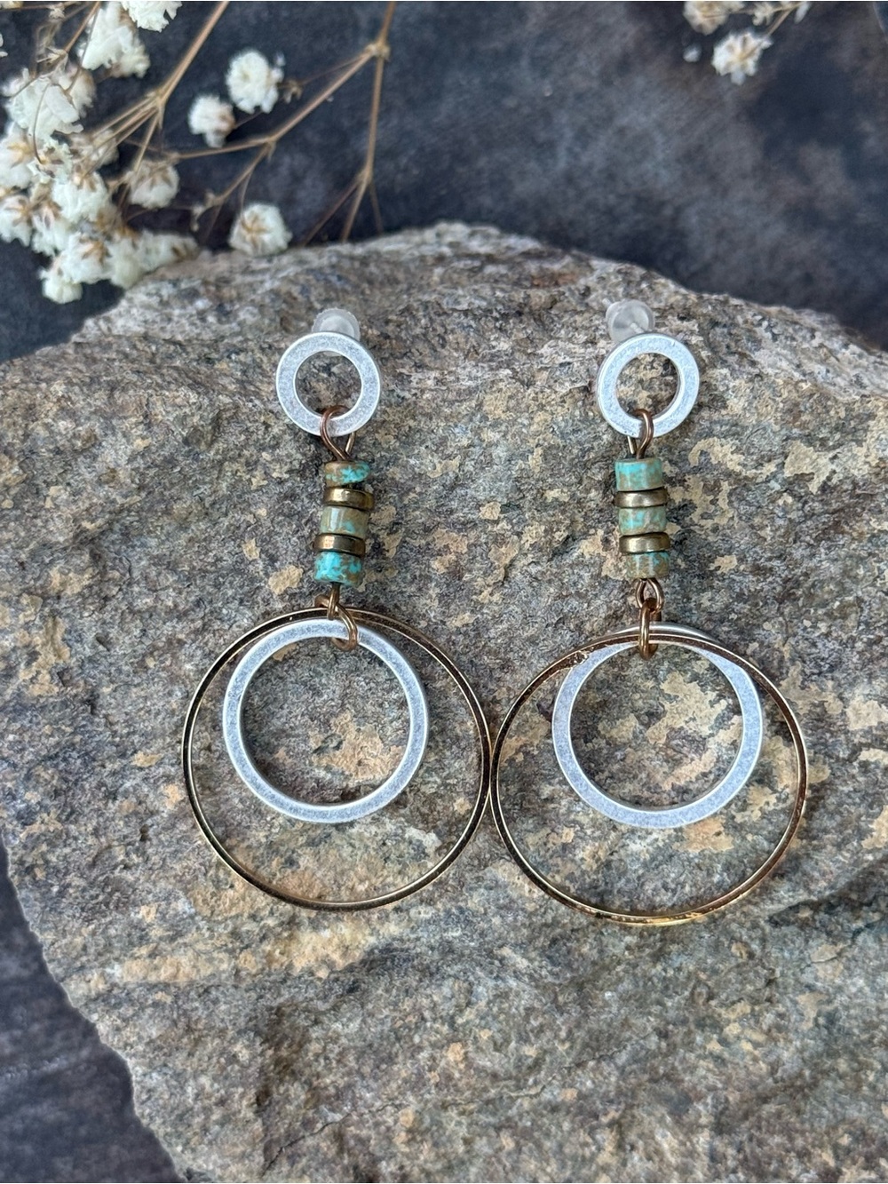 Mixed Metal Hoop Dangle Earrings with Turquoise Bead Accents